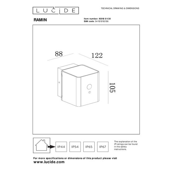 Lucide RAMIN - Wall lamp - Solar energy - LED Dimb. - 1x1W 2850K/3150K - IP54 - Day/night sensor - Black