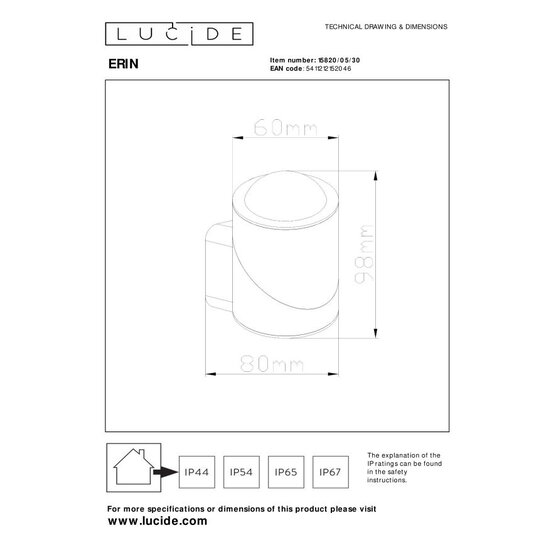 Lucide ERIN - Foco de pared / Aplique de pared Interior/Exterior - LED - 1x5W 2700K - IP65 - Negro