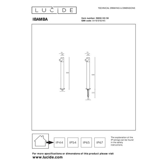 LUCIDE Lucide IBAMBA - Sokkellamp - LED - 1x6W 3000K - IP65 - Zwart