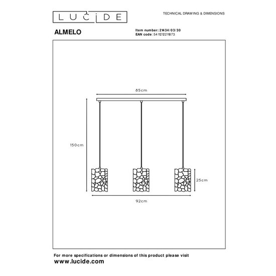 Lucide ALMELO - Hanglamp - 3xE27 - Zwart
