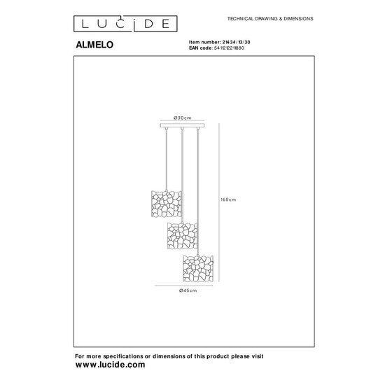 Lucide ALMELO - Hanglamp - 3xE27 - Zwart