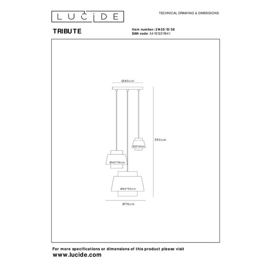 LUCIDE Lucide TRIBUTE - Hanglamp - Ø 76 cm - 3xE27 - Geschikt voor vide en hoge plafonds - Beige