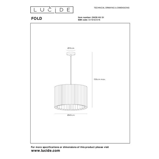 LUCIDE Lucide FOLD - Hanglamp - Ø 40 cm - 1xE27 - Wit