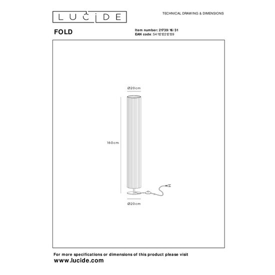 Lucide FOLD - Lampadaire - Ø 20 cm - 3 x E27 - Blanc
