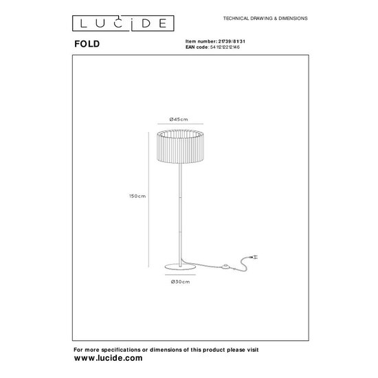 LUCIDE Lucide FOLD - Lámpara de pie - Ø 45 cm - 1xE27 - Blanco