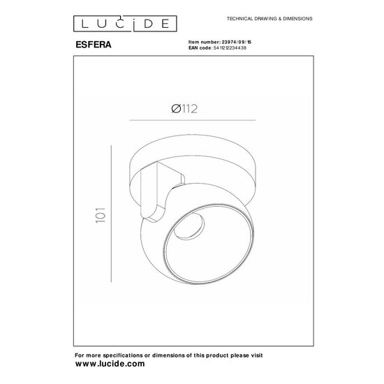 Lucide ESFERA - Spot de plafond - Ø 11,2 cm - LED Gradation. - 1x11W 2700K - Fonte grise