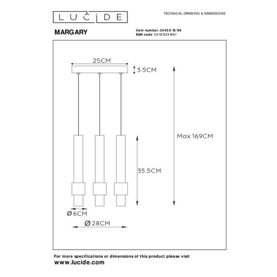 Lucide MARGARY - Hanglamp - Ø 28 cm - LED Dimb. - 3x4W 2700K - Koffie