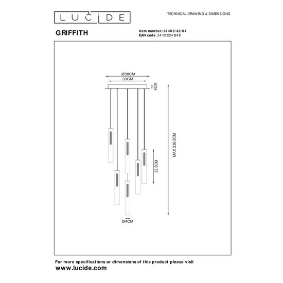 Lucide GRIFFITH - Lampe à suspension - Ø 38 cm - Variation LED. - CCT - 6x6W 2700K/4000K - Bronze