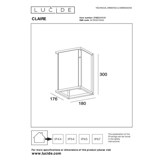 Lucide CLAIRE - Aplique Interior/Exterior - 1xE27 - IP54 - Blanco