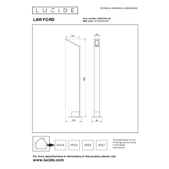 LUCIDE Lucide LAWFORD - Lámpara de pie - LED - 1x6W 3000K - IP54 - Negro