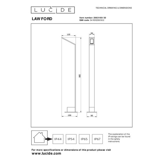 LUCIDE Lucide LAWFORD - Lampe sur pied - LED - 1x6W 3000K - IP54 - Noir