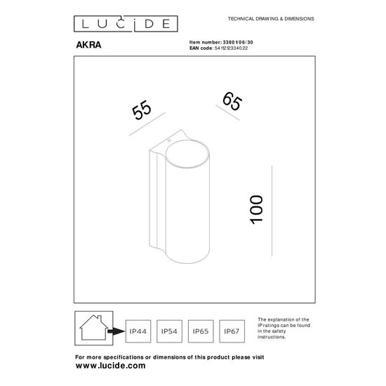 LUCIDE Lucide AKRA - Wandleuchte Innen/Außen - LED - 1x6W 2700K - IP54 - Schwarz
