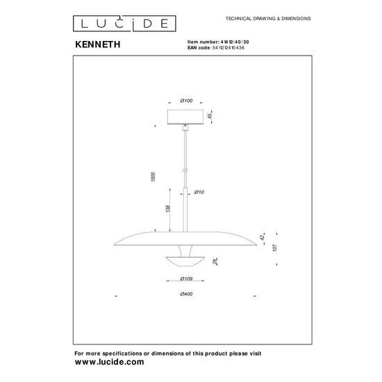 Lucide KENNETH - Lampe suspendue - Ø 40 cm - LED Dimming. - 1x12W 2700K - Noir