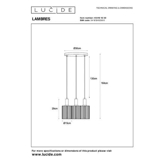 Lucide LAMBRES - Hanglamp - 3xE27 - Zwart