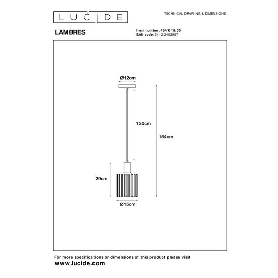 Lucide LAMBRES - Lampe suspendue - Ø 15 cm - 1xE27 - Noir