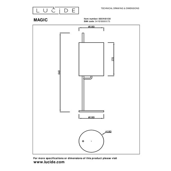 Lucide MAGIC - Tafellamp - Ø 18 cm - 1xE27 - Zwart