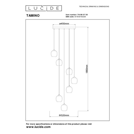 Lucide TAMINO - Pendant lamp - Ø 52 cm - LED Dimb. - 7x7W 3000K - Black