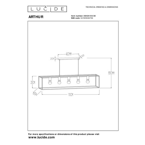 Lucide ARTHUR - Hanglamp - 5xE27 - Zwart