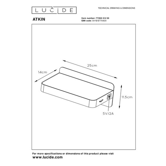 Lucide ATKIN - Lampe de chevet / Applique - LED - 1x6W 3000K - Avec point de recharge USB - Noir
