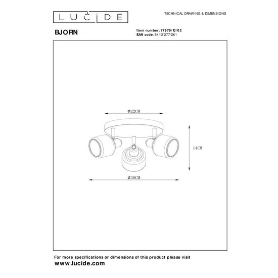 Lucide BJORN - Plafondspot - Ø 38 cm - 3xE14 - Mat Goud / Messing