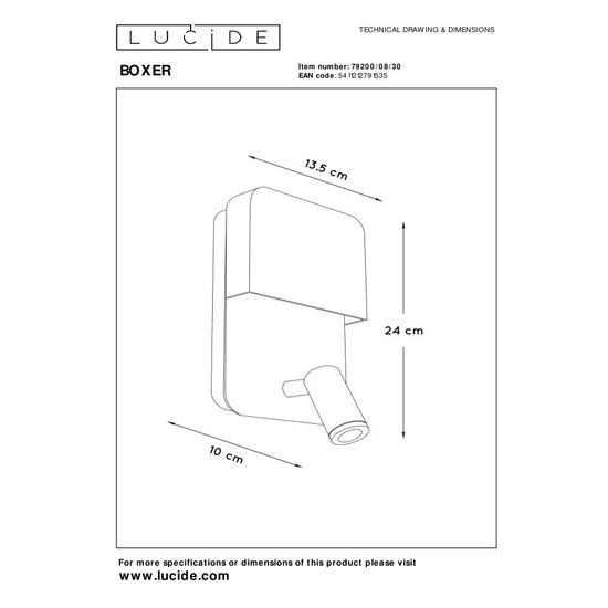 Lucide BOXER - Lámpara de noche / Aplique - LED - 3000K - Con punto de carga USB - Negro
