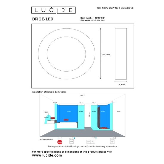 Lucide BRICE-LED - Lámpara de techo para baño - Ø 11,7 cm - Regulación LED. - 1x8W 3000K - IP44 - Blanco