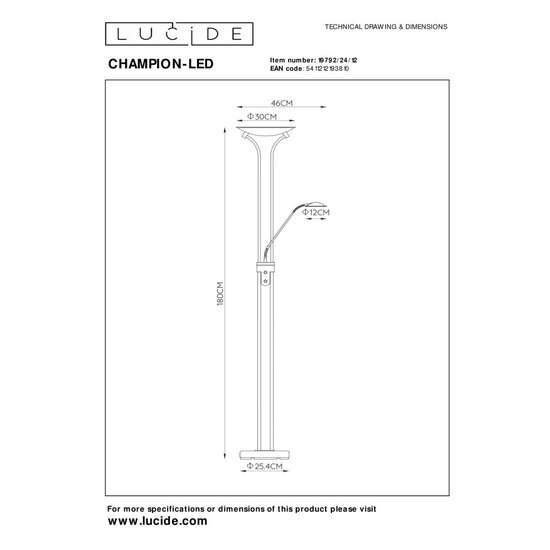 Lucide CHAMPION-LED - Leeslamp - LED Dimb. - 3000K - Mat chroom