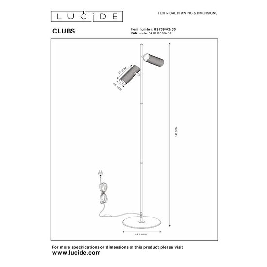 Lucide CLUBS - Vloerlamp - 2xGU10 - Zwart
