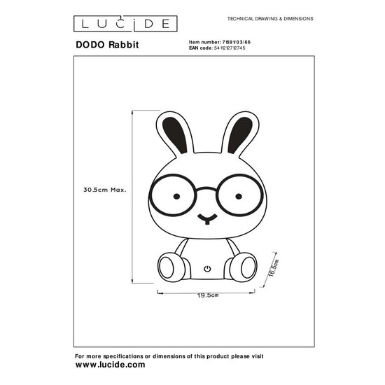 Lucide DODO RABBIT - Lámpara de mesa habitación infantil - LED Dimming. - 1x3W 4000K - 3 pasos de atenuación - Rosa