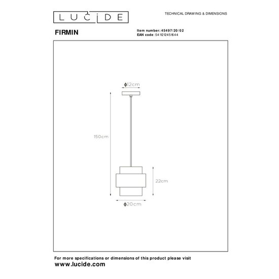 Lucide FIRMIN - Lámpara colgante - Ø 20 cm - 1xE27 - Oro Mate / Latón