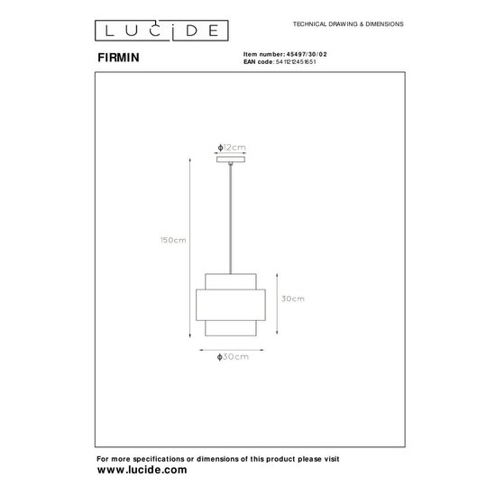Lucide FIRMIN - Suspension - Ø 30 cm - 1xE27 - Or Mat / Laiton