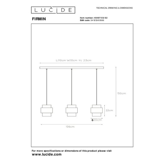Lucide FIRMIN - Lampe à suspension - 3xE27 - Or Mat / Laiton
