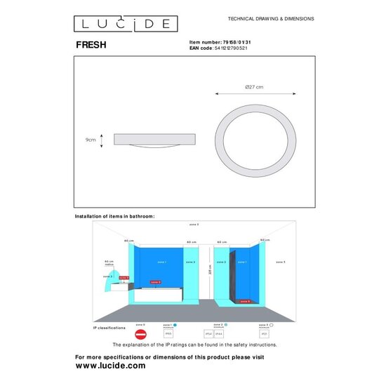 Lucide FRESH - Deckenleuchte Badezimmer - Ø 27 cm - 1xE27 - IP44 - Weiß
