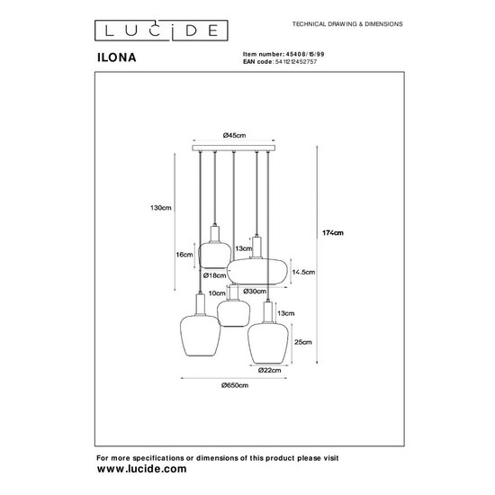 Lucide ILONA - Pendant lamp - 5xE27 - Black