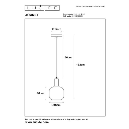 Lucide JOANET - Lámpara colgante - Ø 16 cm - 1xE27 - Fumé
