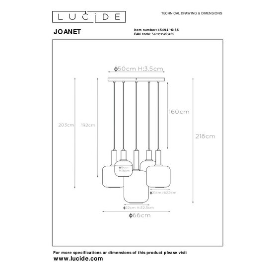 Lucide JOANET - Hanging lamp - Ø 66 cm - 5xE27 - Fumé