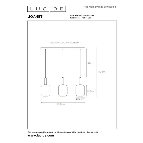 Lucide JOANET - Hanging lamp - 3xE27 - Fumé
