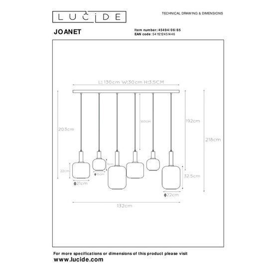 Lucide JOANET - Hanging lamp - 6xE27 - Fumé