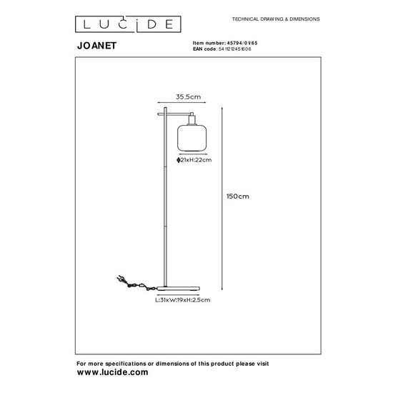 Lucide JOANET - Lampadaire - 1xE27 - Fumé