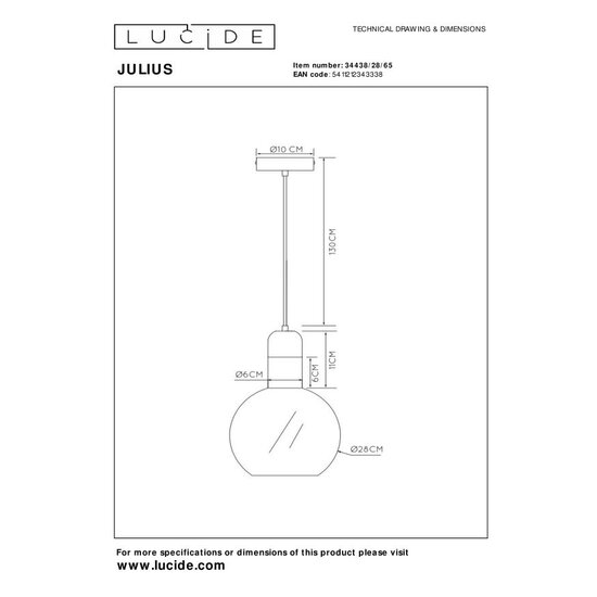 Lucide JULIUS - Pendant lamp - Ø 28 cm - 1xE27 - Smoked