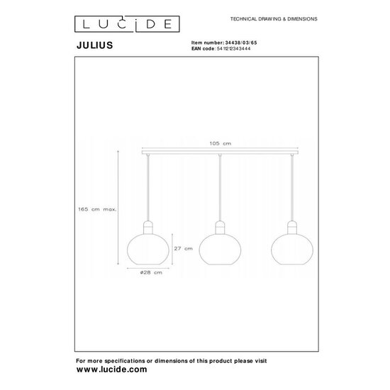 Lucide JULIUS - Suspension - 3xE27 - Fumé