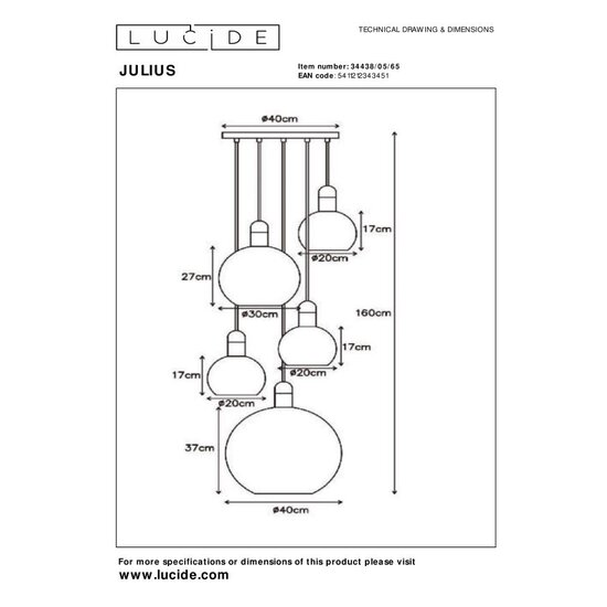 Lucide JULIUS - Lámpara colgante - 5xE27 - Fumé