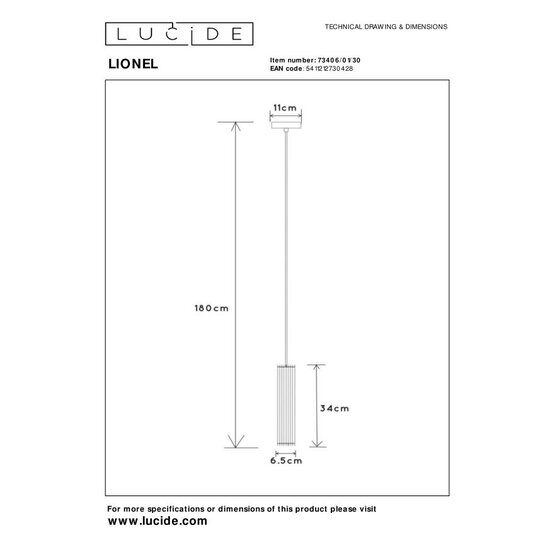Lucide LIONEL - Lampe suspendue - Ø 6,5 cm - 1xE27 - Noir