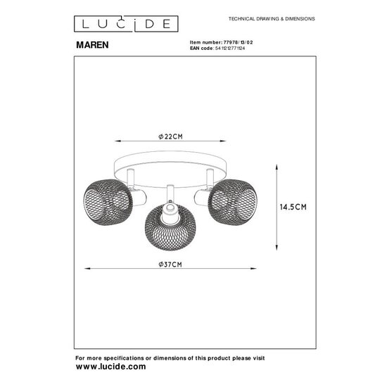 Lucide MAREN - Plafondspot - Ø 37 cm - 3xE14 - Mat Goud / Messing