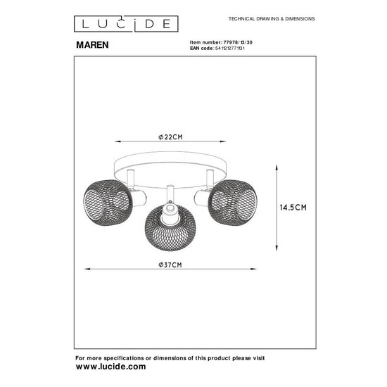 Lucide MAREN - Plafondspot - Ø 37 cm - 3xE14 - Zwart