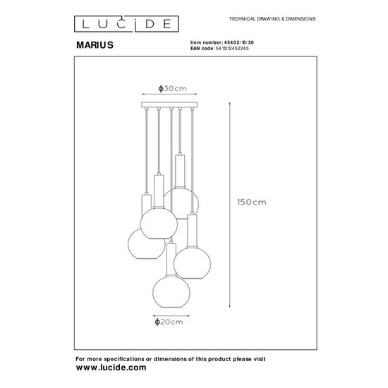 Lucide MARIUS - Lámpara colgante - Ø 55 cm - 5xE27 - Negro