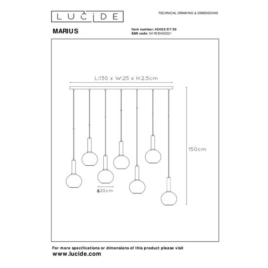 Lucide MARIUS - Lámpara colgante - 7xE27 - Negro