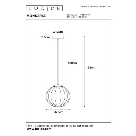 Lucide MONSARAZ - Hanging lamp - Ø 25 cm - 1xE27 - Amber
