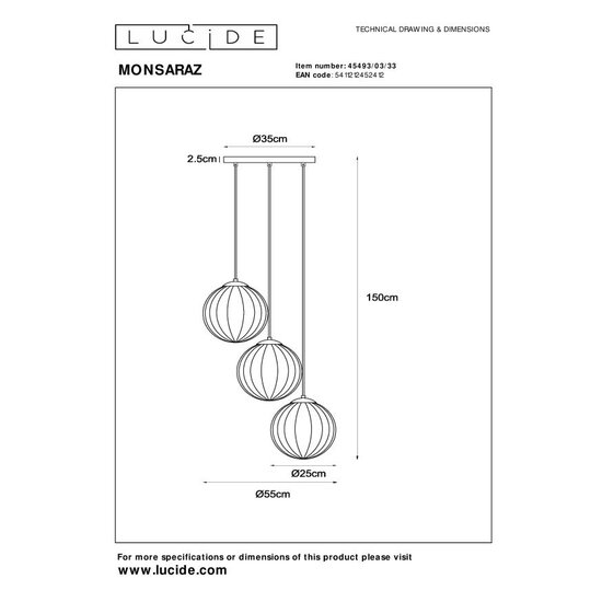 Lucide MONSARAZ - Hängelampe - Ø 35 cm - 3xE27 - Grün