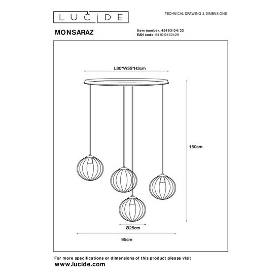 Lucide MONSARAZ - Lampe suspendue - 4xE27 - Vert
